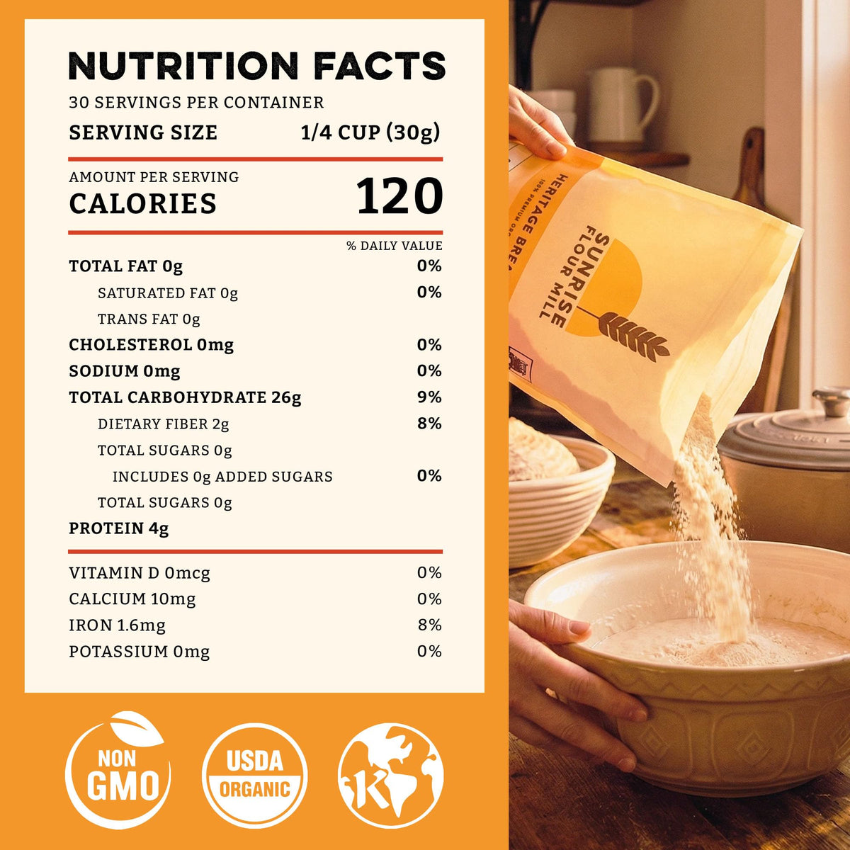 Sunrise Flour Mill unbleached bread flour close-up reveals creamy-gold texture.