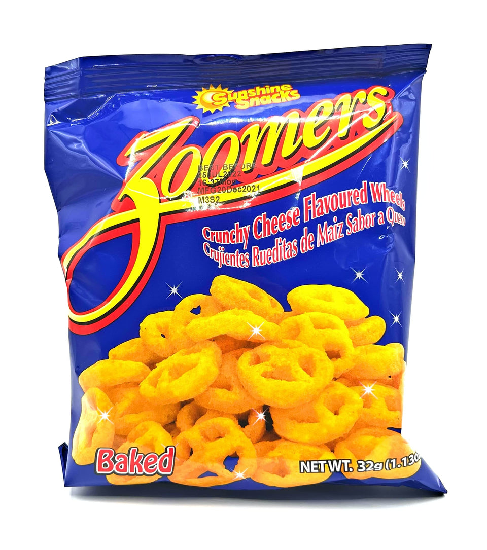 Sunshine Snacks Zoomers front pack shows crispy cheese wheels for a tasty on-the-go snack