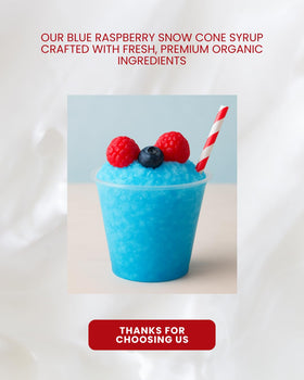 Sunshine Sno Dye Free Blue Raspberry Syrup pours with allergen-free icons.