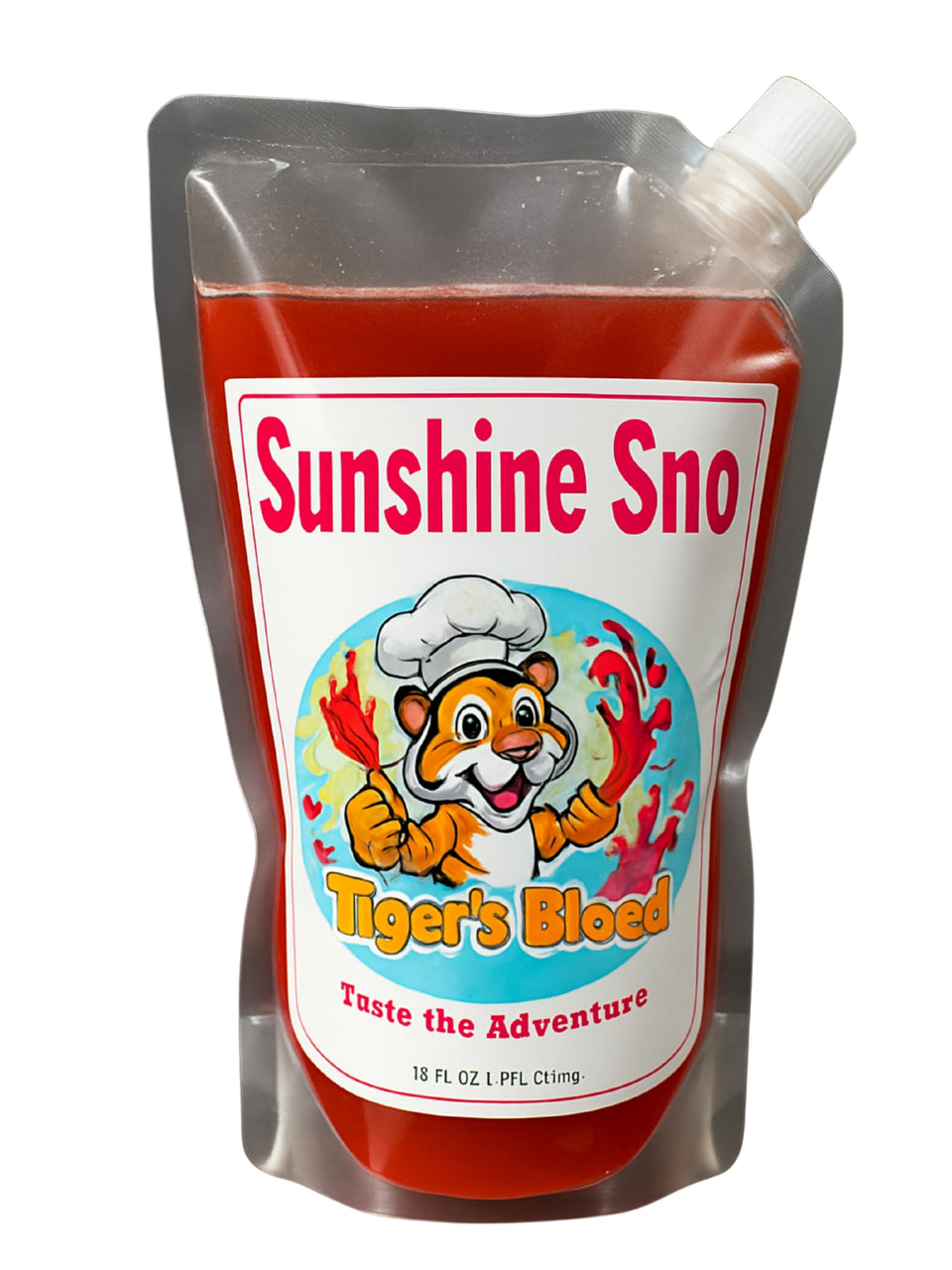 Sunshine Sno Tiger's Blood syrup bottle being poured for dye-free drinks