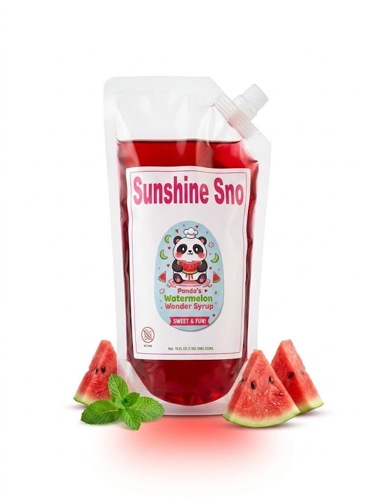 Sunshine Sno Dye Free Watermelon Syrup bottle label shows organic, dye-free ingredients.
