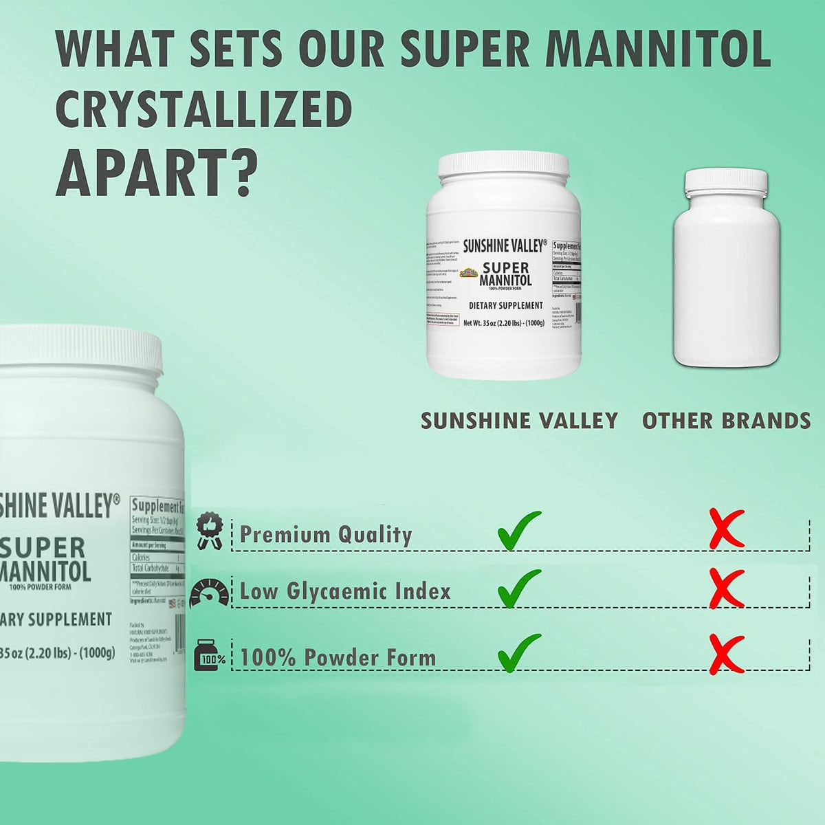 Sunshine Valley Mannitol Powder label highlights dairy-free and soy-free ingredients.