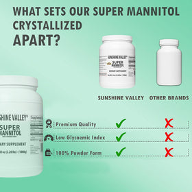 Sunshine Valley Mannitol Powder label highlights dairy-free and soy-free ingredients.