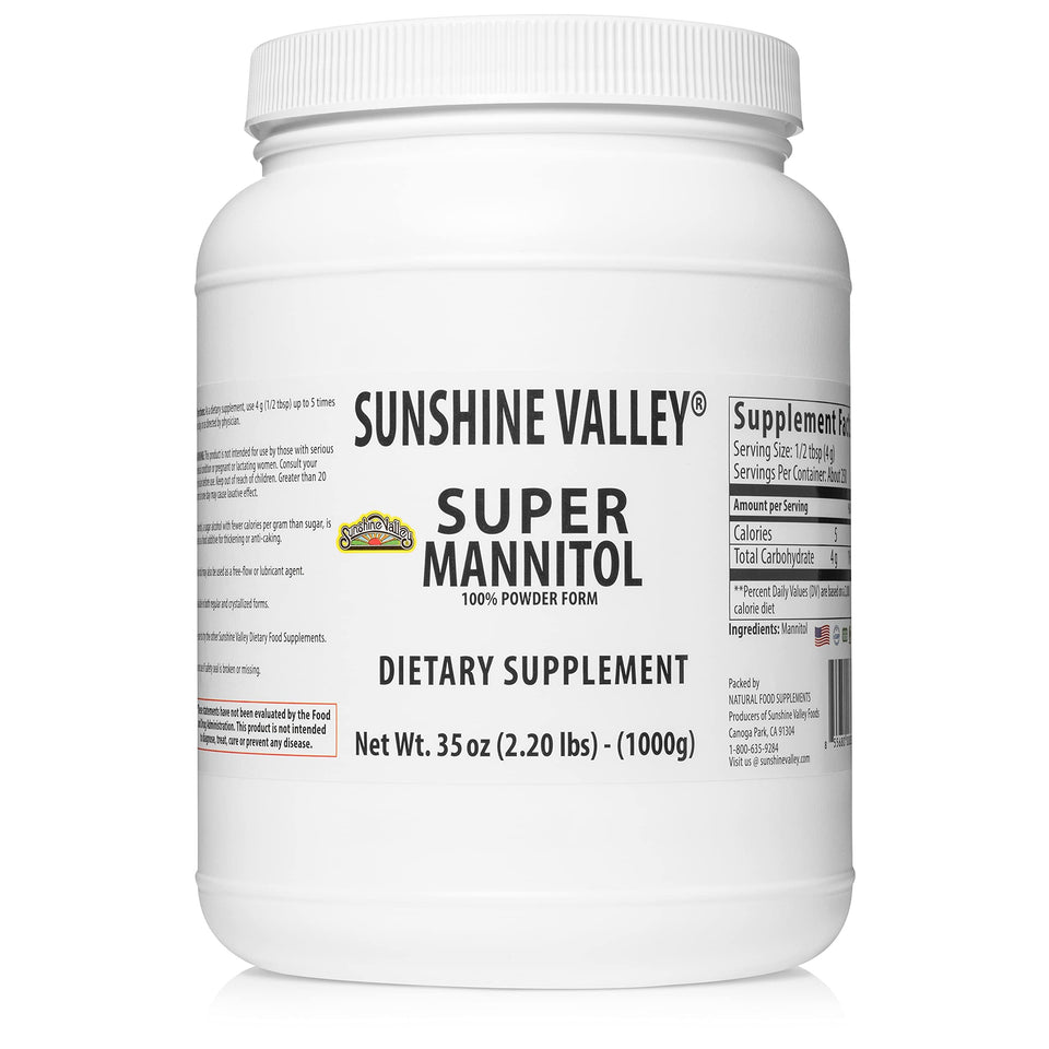 Sunshine Valley Mannitol Powder packaging shown as a sugar-free option.
