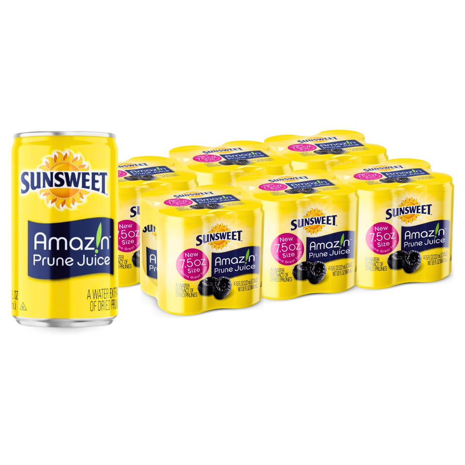 Brand Sunsweet Amazin Prune Juice, front view of 24-pack display, unsweetened 100% prune juice for daily refreshment.