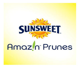 Sunsweet Amazin Prune Juice can close-up pouring into glass, tasty fiber-rich refreshment.