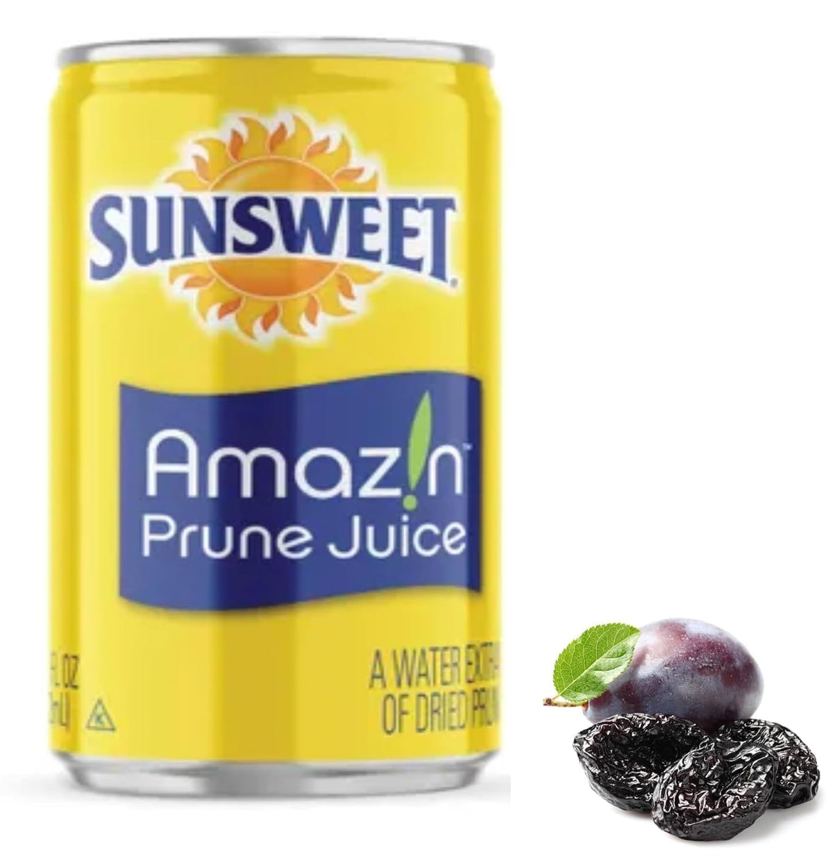 Sunsweet prune juice 7.5 oz can close-up showing natural sorbitol benefits.