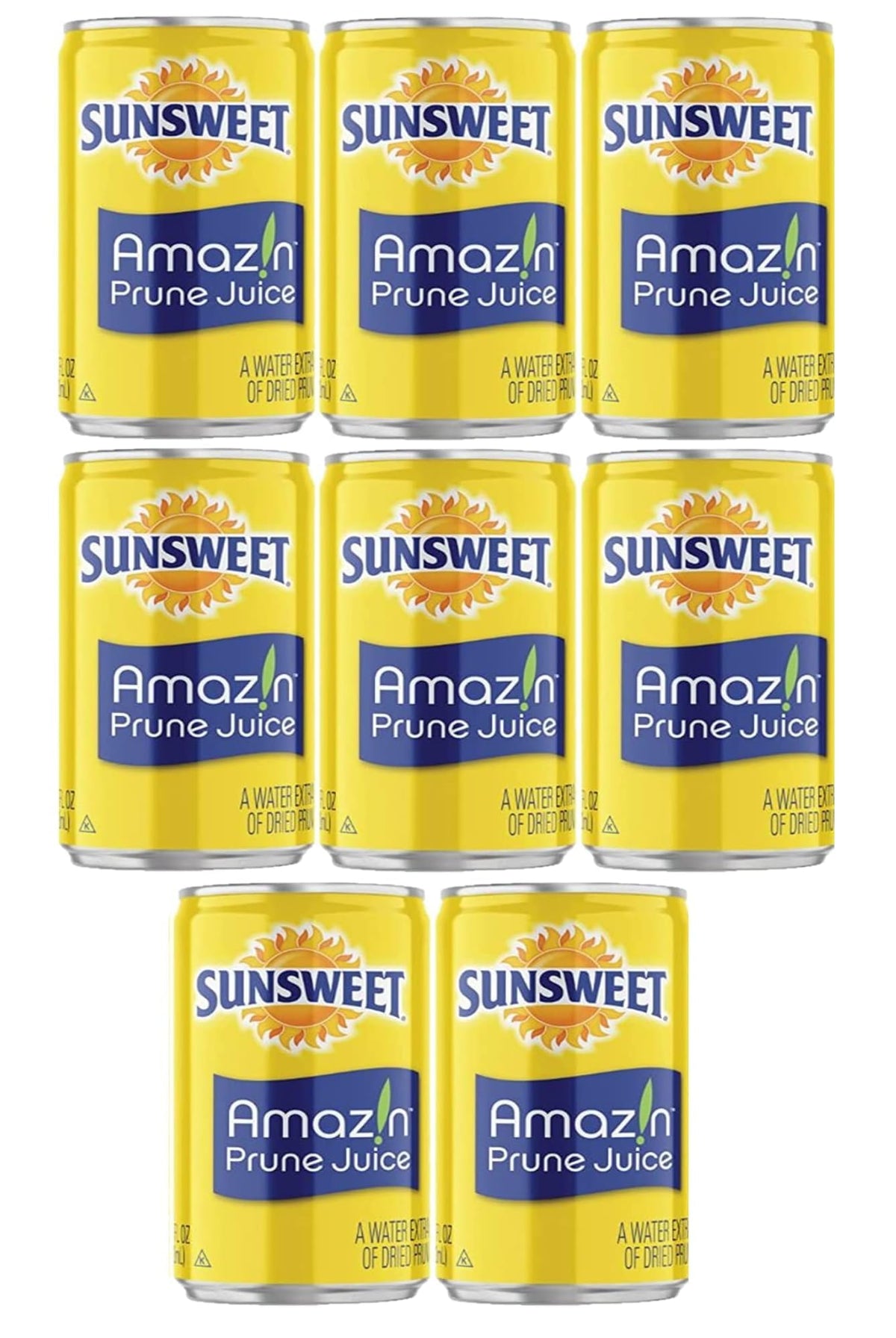 Sunsweet Prune Juice 8-pack cans on shelf, a convenient fiber boost for daily digestion.