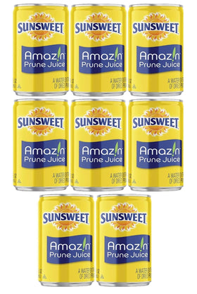 Sunsweet Prune Juice 8-pack cans on shelf, a convenient fiber boost for daily digestion.