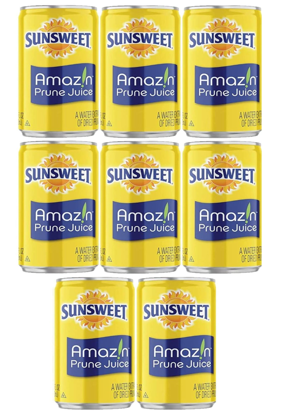 Sunsweet Prune Juice 8-pack cans on shelf, a convenient fiber boost for daily digestion.