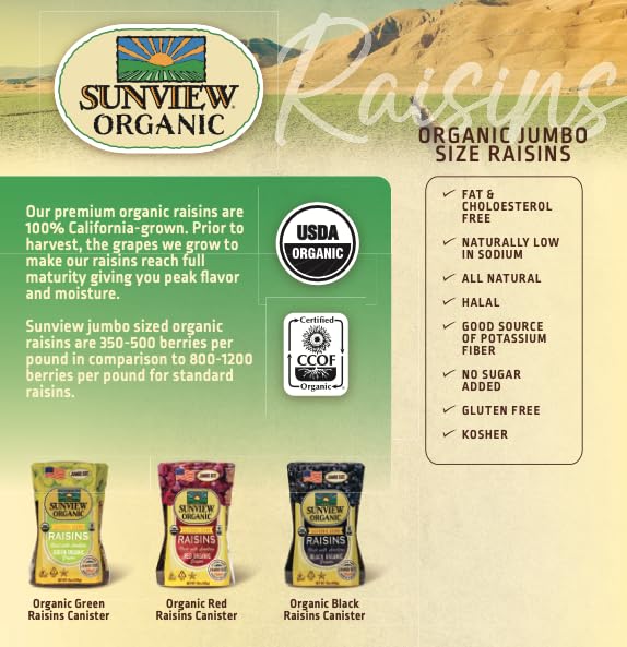 Sunview Organic Red Seedless Raisins in a canister for pantry-friendly sweetness.