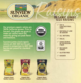 Sunview Organic Red Seedless Raisins in a canister for pantry-friendly sweetness.