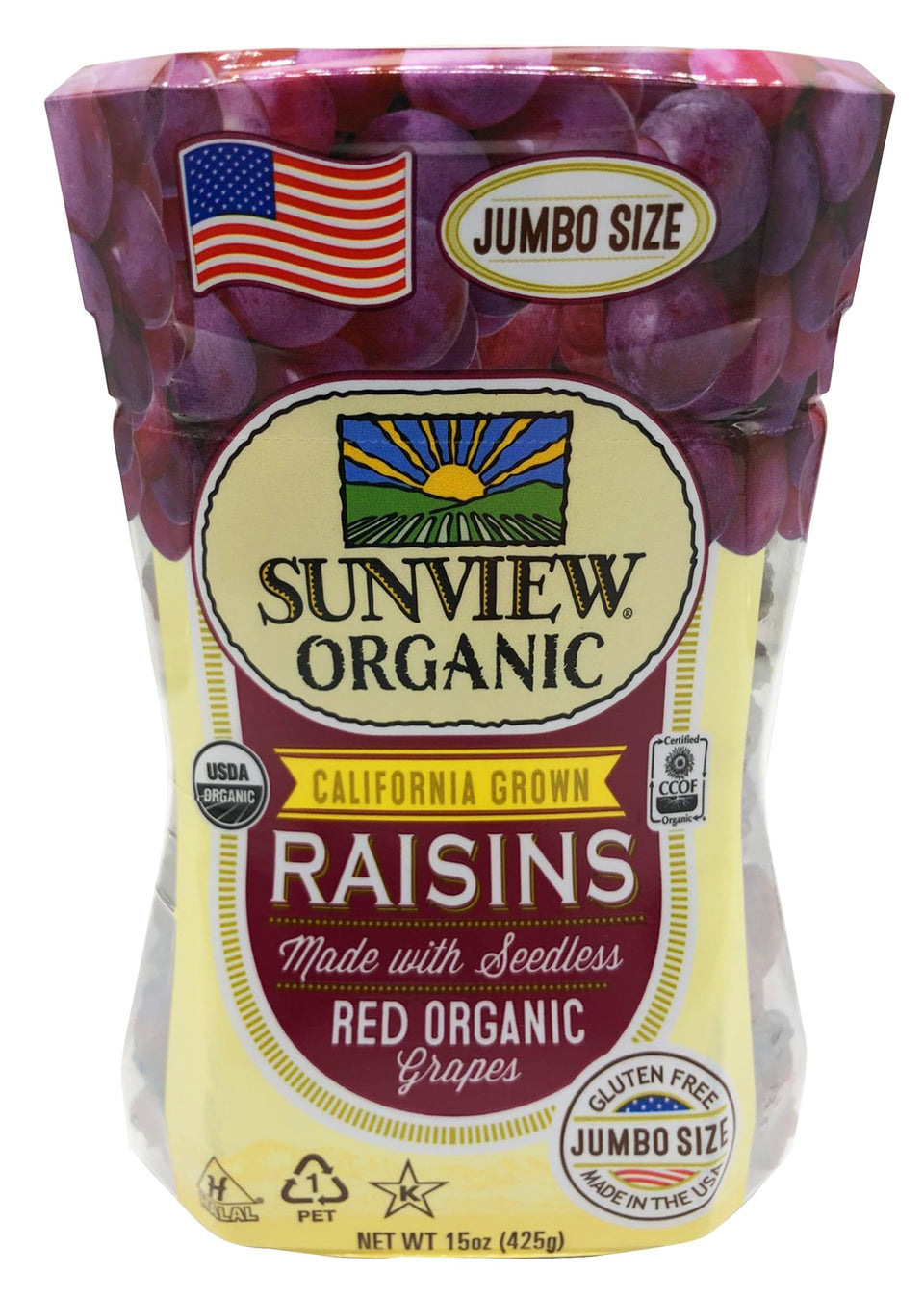 Sunview Organic Red Seedless Raisins label close-up highlighting natural ingredients.