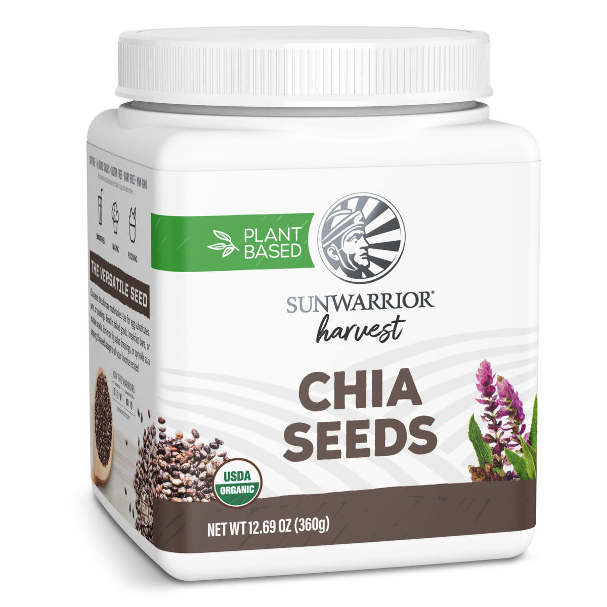 Sunwarrior Chia Seeds Organic Non-GMO 360g tub for versatile meal prep and smoothies.
