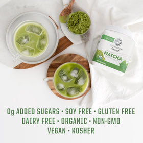 Sunwarrior matcha powder and measuring spoon for easy prep