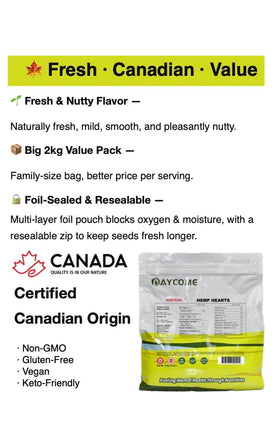 Close-up of SUNYEAH hemp hearts in bag showing clean kernels