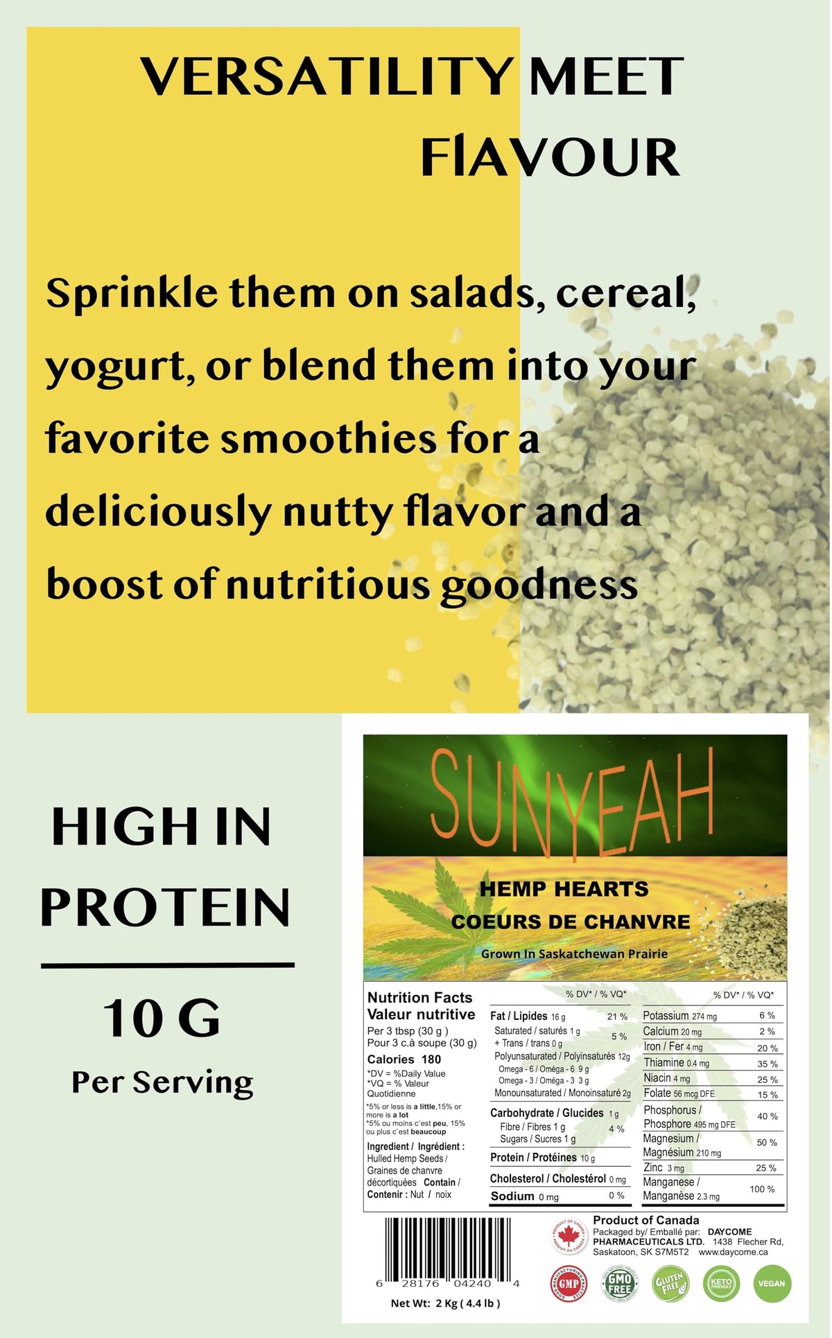SUNYEAH hemp hearts over yogurt parfait, crunchy protein boost