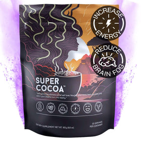 Super Cocoa packaging tub highlights keto-friendly, dairy-free hot chocolate mix.