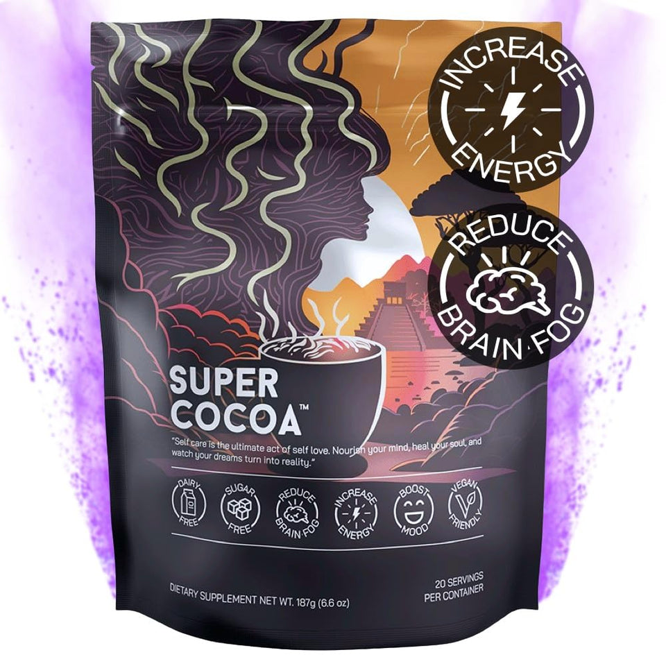 Super Cocoa packaging tub highlights keto-friendly, dairy-free hot chocolate mix.