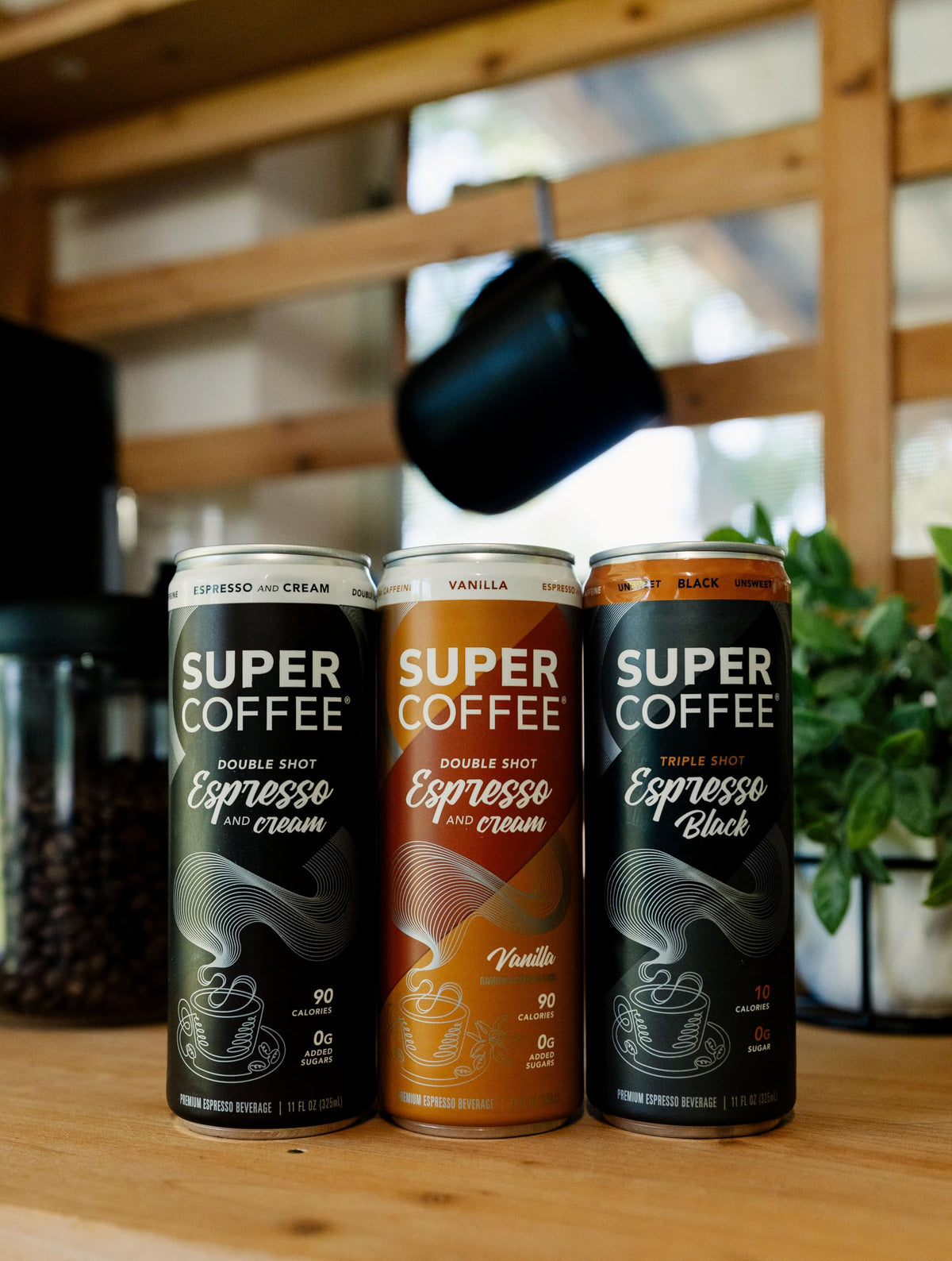 Brand logo and positive energy messaging on SUPER COFFEE label