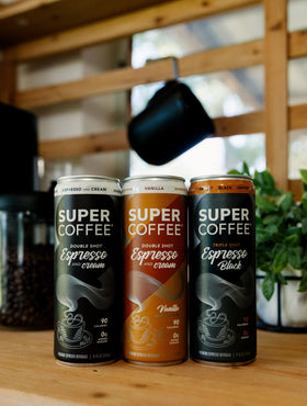Brand logo and positive energy messaging on SUPER COFFEE label