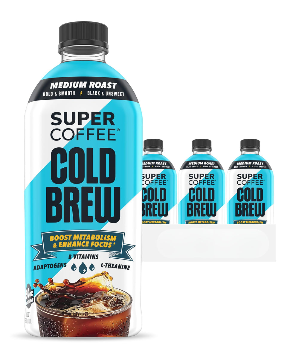 SUPER COFFEE Cold Brew bottle pour delivers a focused energy boost with zero added sugar.