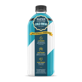 SUPER COFFEE Cold Brew label closeup highlights B vitamins and adaptogens for balanced focus.