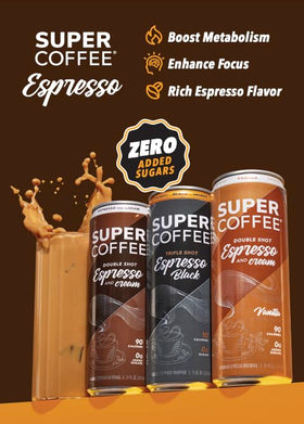 SUPER COFFEE 0g added sugar label emphasizes sugar-free option