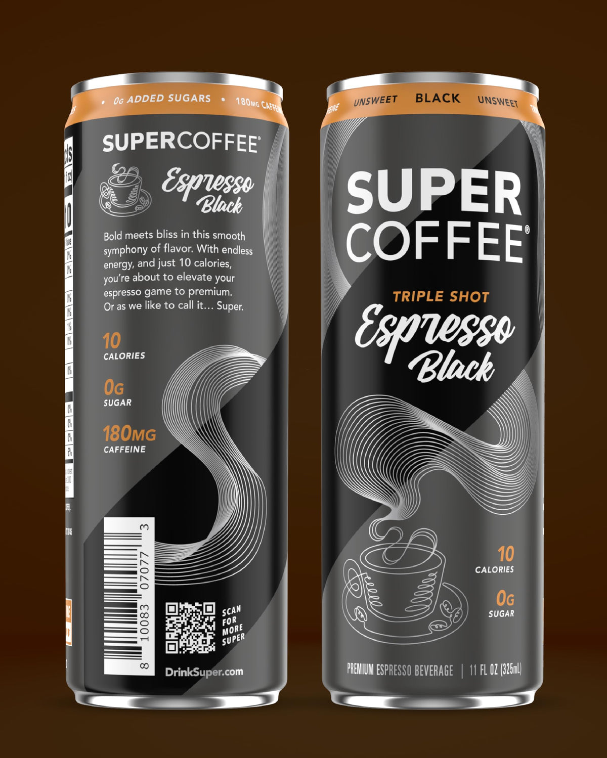 Caffeine content badge on SUPER COFFEE Triple Shot shows 180mg caffeine