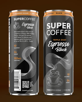 Caffeine content badge on SUPER COFFEE Triple Shot shows 180mg caffeine