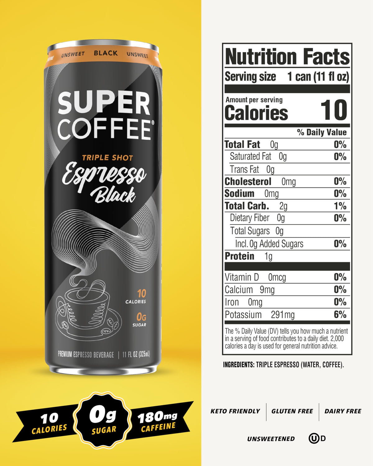 Close-up of SUPER COFFEE Espresso Triple Shot can highlighting bold espresso