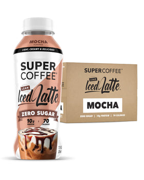 SUPER COFFEE keto mocha bottle front view highlighting protein boost