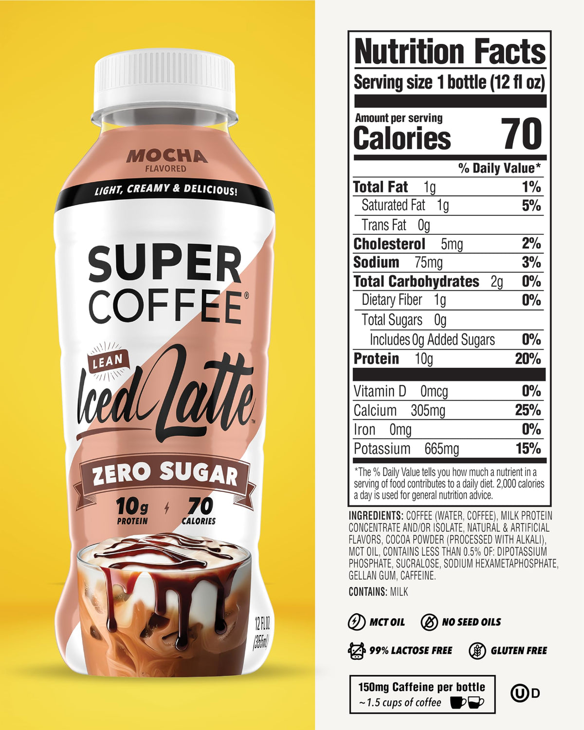 SUPER COFFEE mocha bottle pouring into glass for on-the-go energy