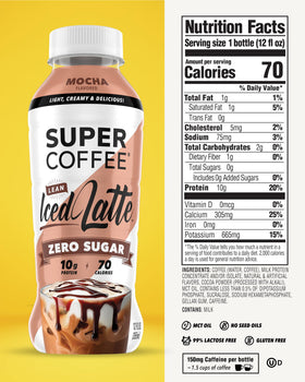 SUPER COFFEE mocha bottle pouring into glass for on-the-go energy