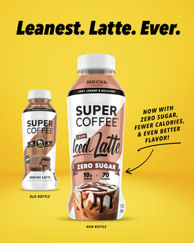SUPER COFFEE mocha label close-up shows 0g added sugar per bottle
