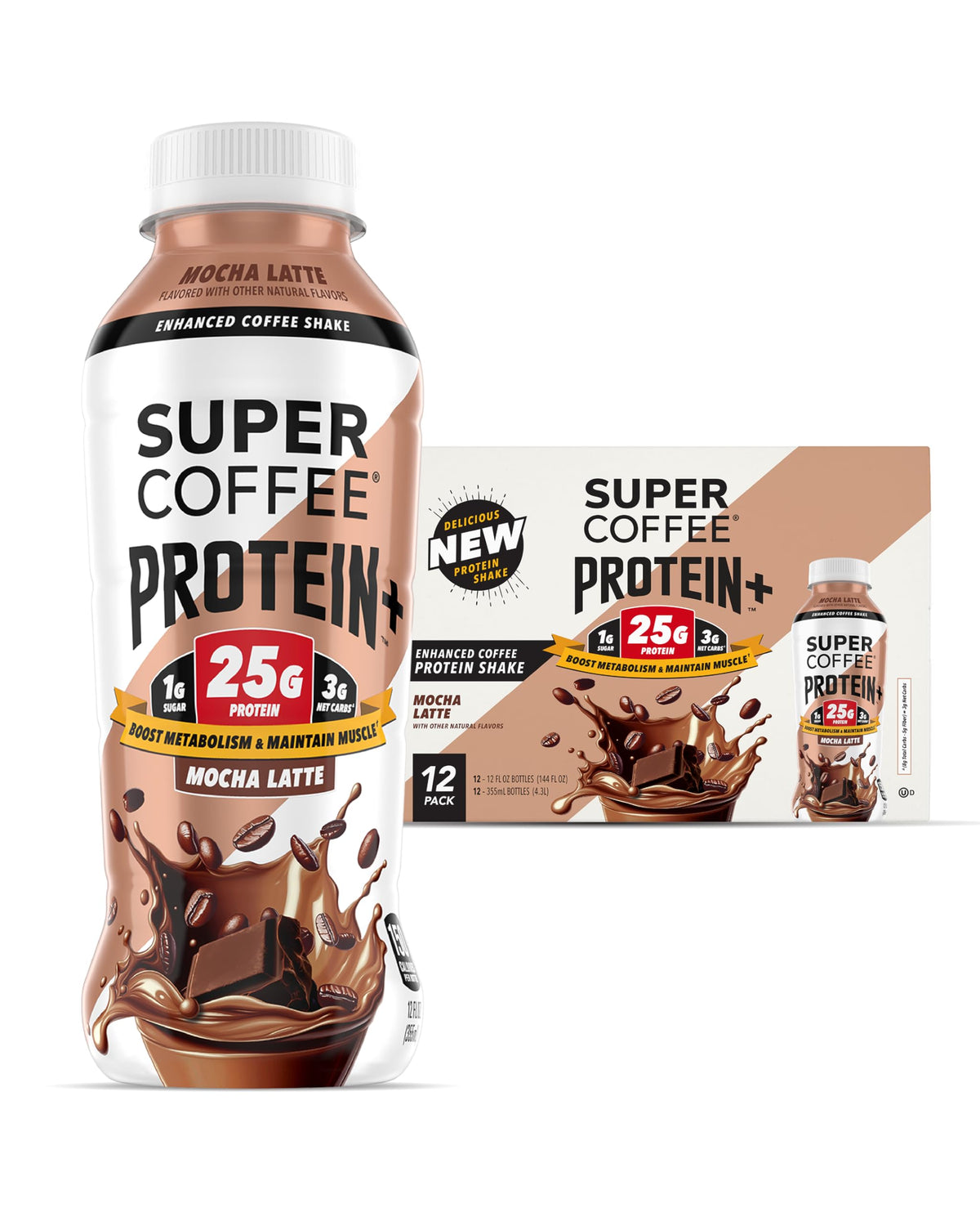 SUPER COFFEE Protein+ mocha bottle highlights high protein and zero added sugar for on-the-go energy.