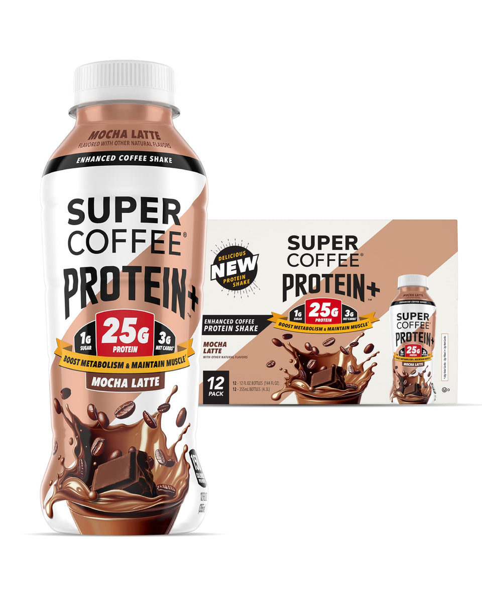 SUPER COFFEE Protein+ mocha bottle highlights high protein and zero added sugar for on-the-go energy.