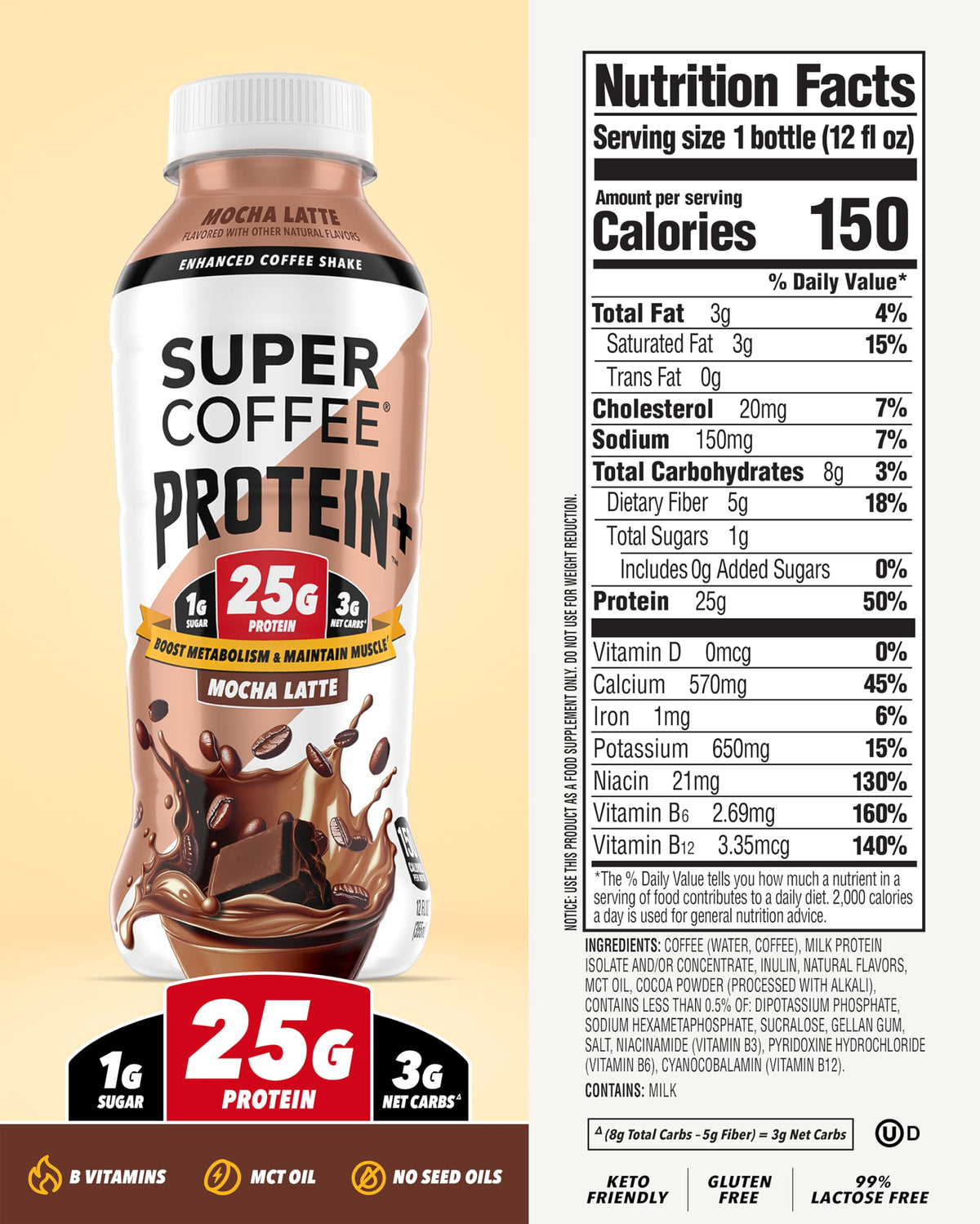 SUPER COFFEE Protein+ mocha glass iced shows refreshing energy for afternoon use.