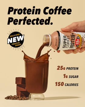 SUPER COFFEE Protein+ mocha label closeup emphasizes 25g protein and zero added sugar.