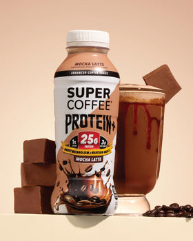 SUPER COFFEE Protein+ mocha pack-12 bottles demonstrates convenient keto-friendly energy.