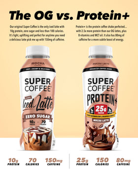 SUPER COFFEE Protein+ mocha pour action captures a smooth, creamy finish.