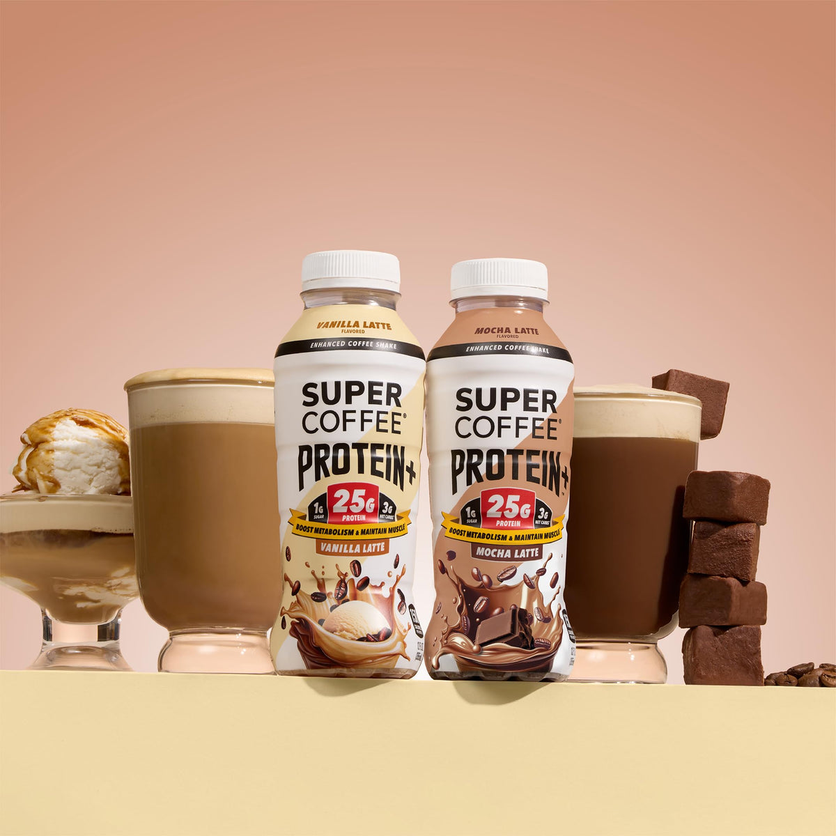 SUPER COFFEE Protein+ mocha smooth bottle hero highlights creamy texture.