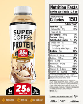 SUPER COFFEE Protein+ Vanilla drink closeup with creamy texture and energy.