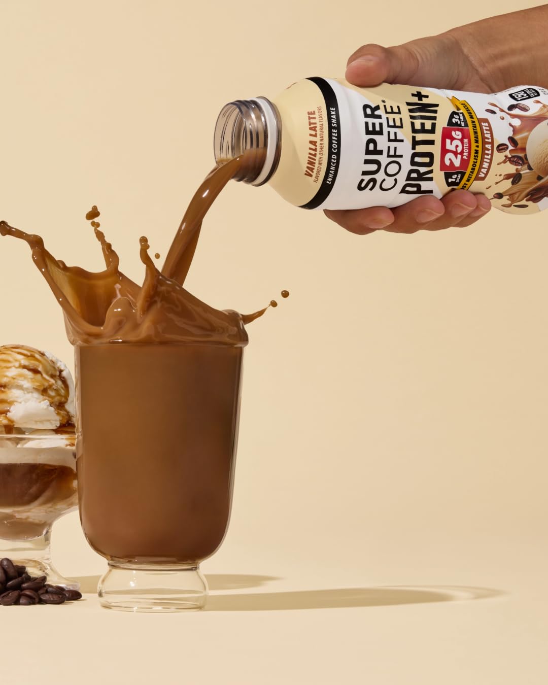 SUPER COFFEE Protein+ Vanilla ingredients bottle featuring MCT oil and vitamins.