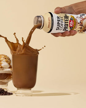 SUPER COFFEE Protein+ Vanilla ingredients bottle featuring MCT oil and vitamins.