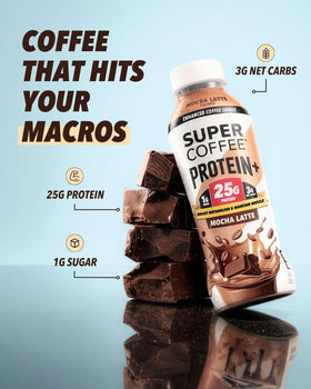 SUPER COFFEE Protein+ Vanilla packaging highlighting 12-pack convenience.