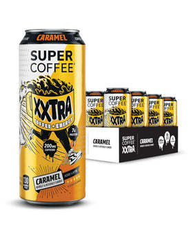 SUPER COFFEE XXTRA caramel 15oz can, protein-rich iced coffee for busy mornings.