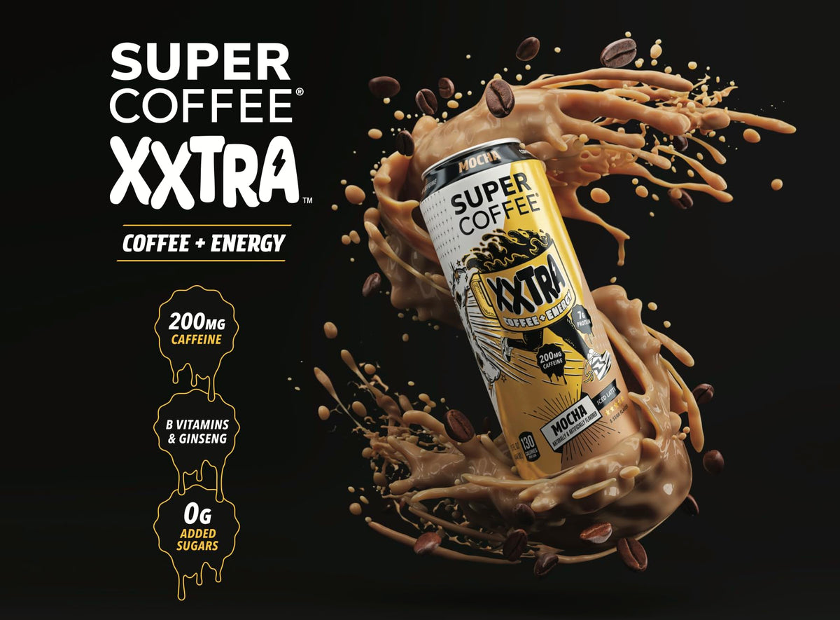 Close-up of ingredients in SUPER COFFEE XXTRA: protein, vitamins, MCT oil.