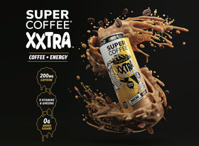 Close-up of ingredients in SUPER COFFEE XXTRA: protein, vitamins, MCT oil.