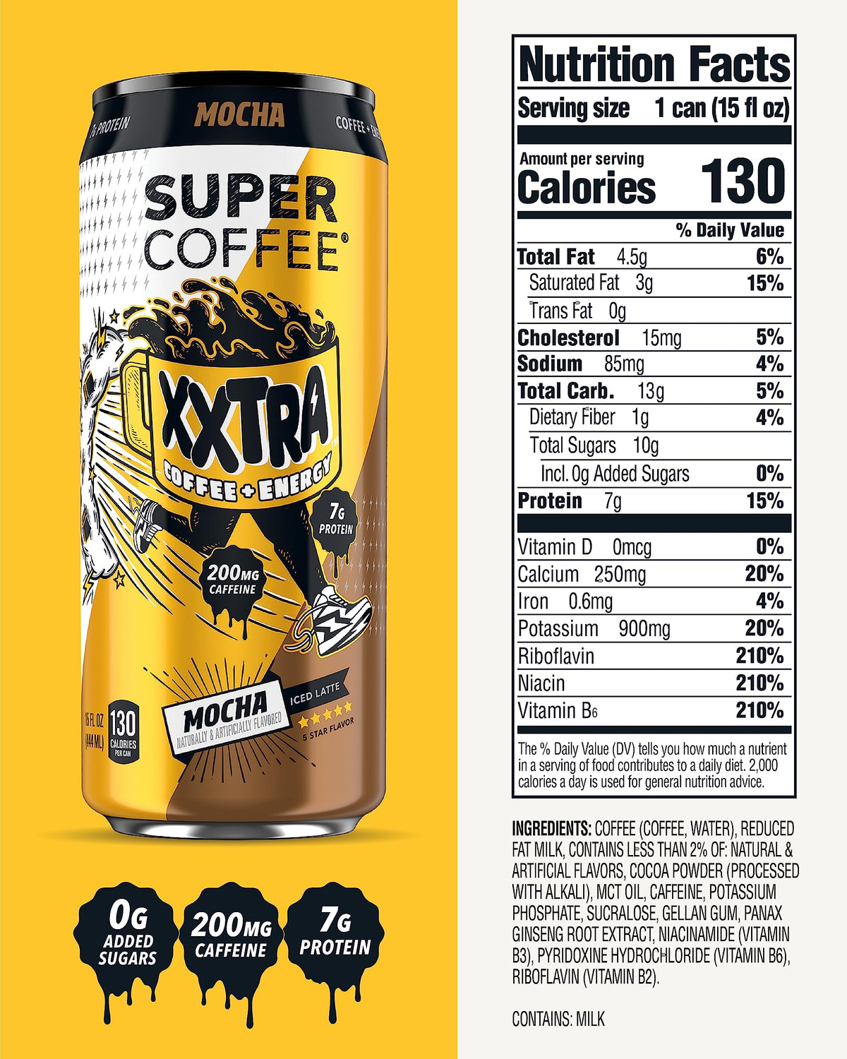 SUPER COFFEE XXTRA close-up of mocha caffeine content for quick focus.